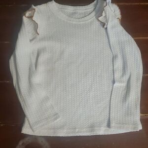 White Textured Long Sleeve Top with Ruffle Shoulder Trim